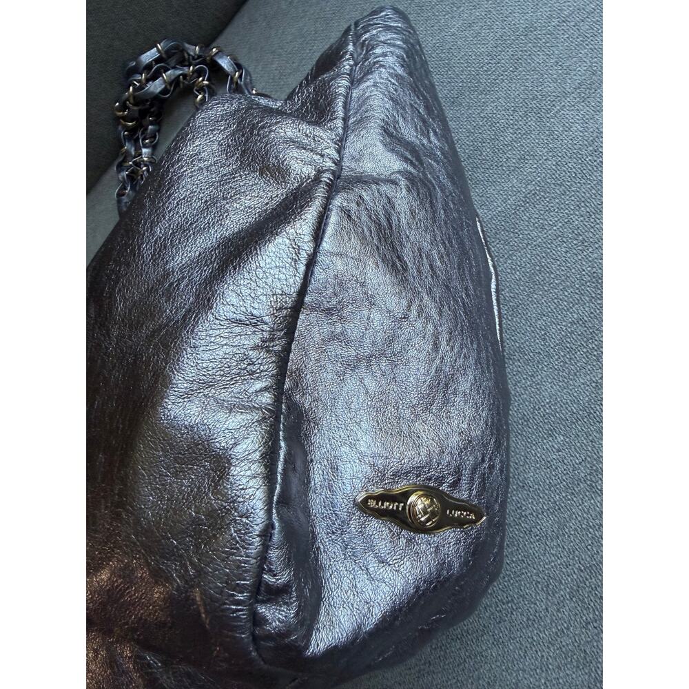 Elliot Lucca Silver Metallic Leather Shoulder Handbag Gold Braided Handles Boho - Picture 4 of 15